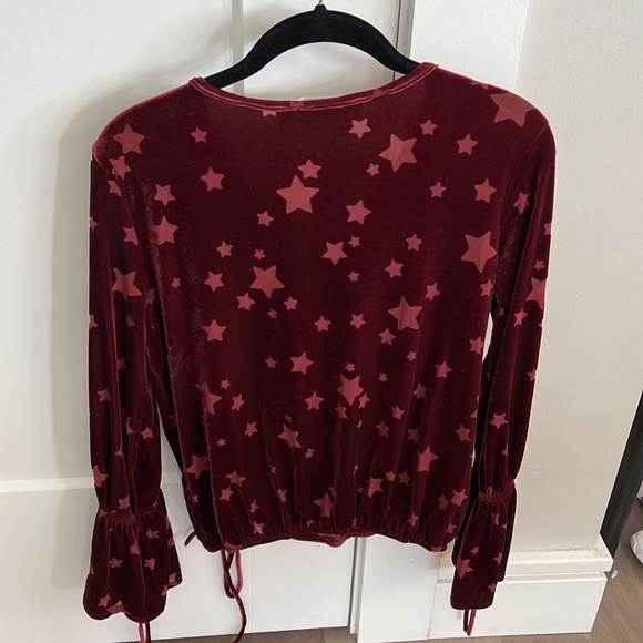 Vintage Havana Maroon Velvet Star Burnout Long Bell Sleeve Wrap Blouse Medium - Picture 5 of 6